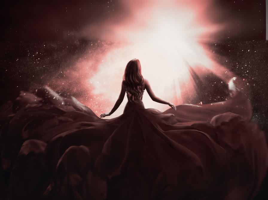 AI-billede af kvinde med ryggen til og stor kjole